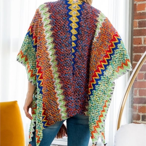 FALL VIBES KNIT ZIGZAG PATTERN TASSEL DETAILED KIMONO MULTI COLOR - Picture 4 of 7